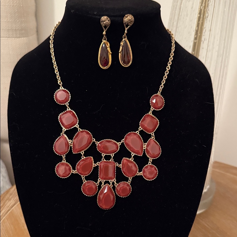 Gold and burnt Red Necklace and Earring Set